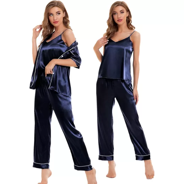 SWOMOG Womens 4pcs Pajamas Sets Silk Satin Sleepwear Sexy Cami with Button Down Short Sleeve Shirt Pjs LoungewearAdeep Navy Blue