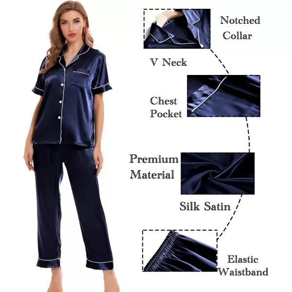 SWOMOG Womens 4pcs Pajamas Sets Silk Satin Sleepwear Sexy Cami with Button Down Short Sleeve Shirt Pjs LoungewearAdeep Navy Blue