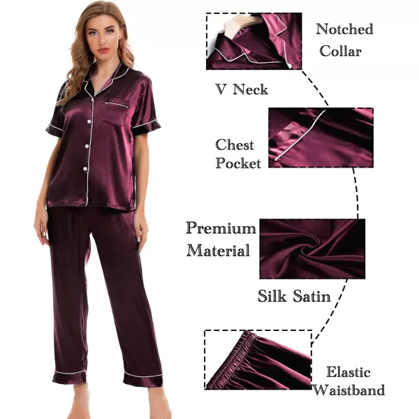 SWOMOG Womens 4pcs Pajamas Sets Silk Satin Sleepwear Sexy Cami with Button Down Short Sleeve Shirt Pjs LoungewearAdeep Wine Red