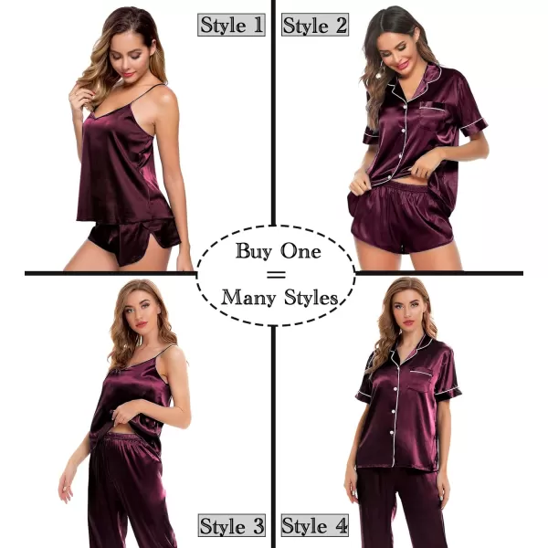 SWOMOG Womens 4pcs Pajamas Sets Silk Satin Sleepwear Sexy Cami with Button Down Short Sleeve Shirt Pjs LoungewearAdeep Wine Red