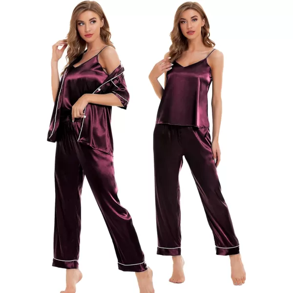 SWOMOG Womens 4pcs Pajamas Sets Silk Satin Sleepwear Sexy Cami with Button Down Short Sleeve Shirt Pjs LoungewearAdeep Wine Red