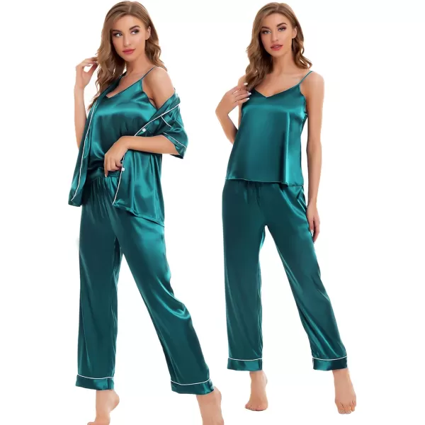 SWOMOG Womens 4pcs Pajamas Sets Silk Satin Sleepwear Sexy Cami with Button Down Short Sleeve Shirt Pjs LoungewearAgreen