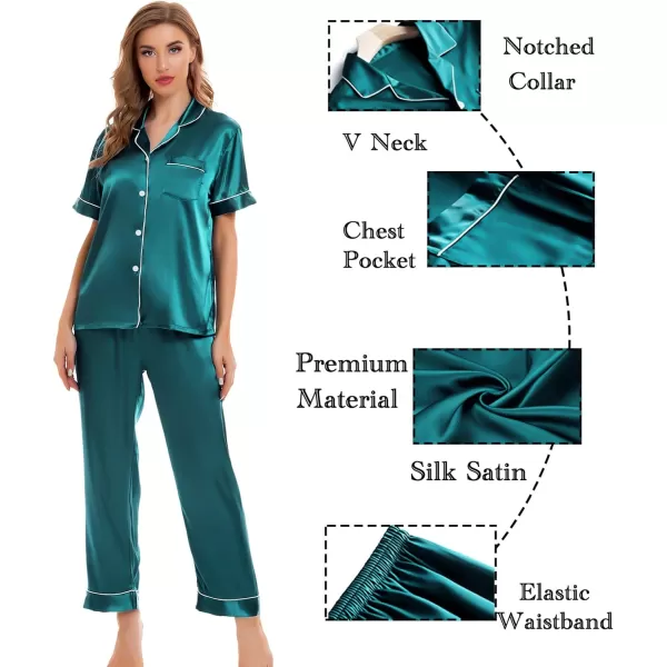 SWOMOG Womens 4pcs Pajamas Sets Silk Satin Sleepwear Sexy Cami with Button Down Short Sleeve Shirt Pjs LoungewearAgreen