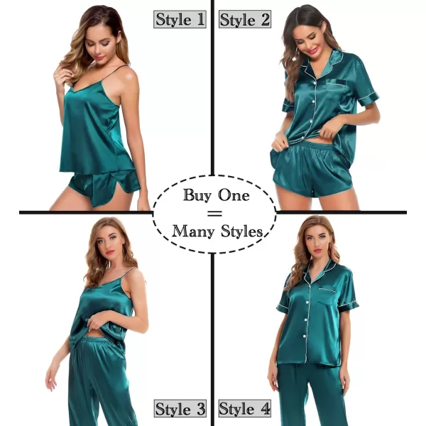 SWOMOG Womens 4pcs Pajamas Sets Silk Satin Sleepwear Sexy Cami with Button Down Short Sleeve Shirt Pjs LoungewearAgreen