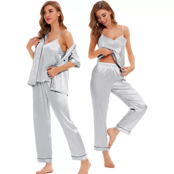 SWOMOG Womens 4pcs Pajamas Sets Silk Satin Sleepwear Sexy Cami with Button Down Short Sleeve Shirt Pjs LoungewearAgrey