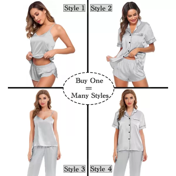 SWOMOG Womens 4pcs Pajamas Sets Silk Satin Sleepwear Sexy Cami with Button Down Short Sleeve Shirt Pjs LoungewearAgrey