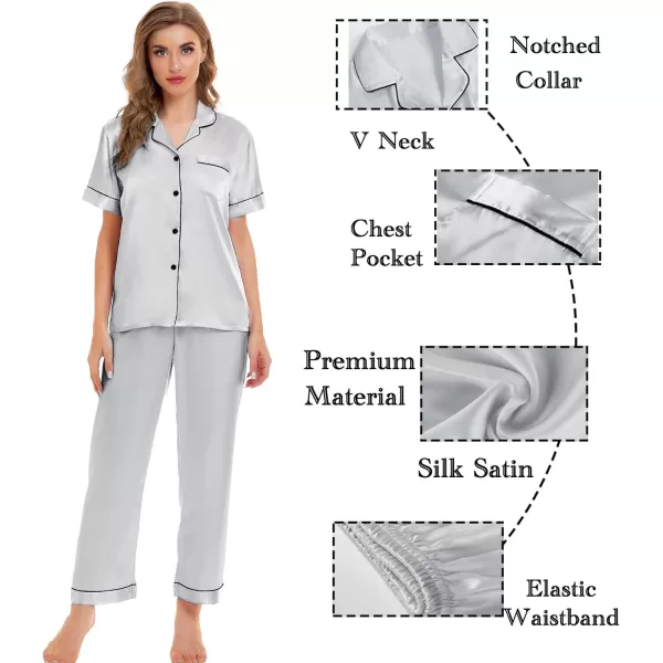 SWOMOG Womens 4pcs Pajamas Sets Silk Satin Sleepwear Sexy Cami with Button Down Short Sleeve Shirt Pjs LoungewearAgrey