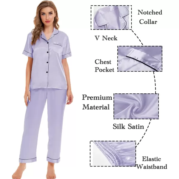 SWOMOG Womens 4pcs Pajamas Sets Silk Satin Sleepwear Sexy Cami with Button Down Short Sleeve Shirt Pjs LoungewearAlavender