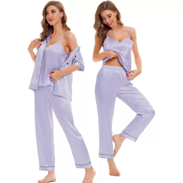 SWOMOG Womens 4pcs Pajamas Sets Silk Satin Sleepwear Sexy Cami with Button Down Short Sleeve Shirt Pjs LoungewearAlavender