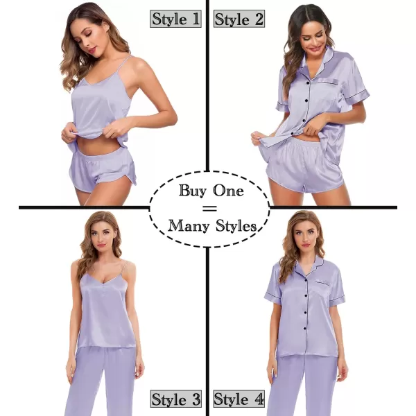 SWOMOG Womens 4pcs Pajamas Sets Silk Satin Sleepwear Sexy Cami with Button Down Short Sleeve Shirt Pjs LoungewearAlavender