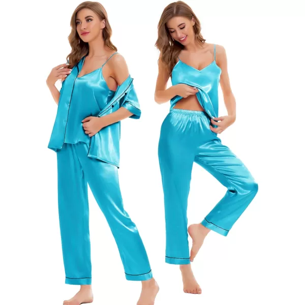 SWOMOG Womens 4pcs Pajamas Sets Silk Satin Sleepwear Sexy Cami with Button Down Short Sleeve Shirt Pjs LoungewearAlight Blue