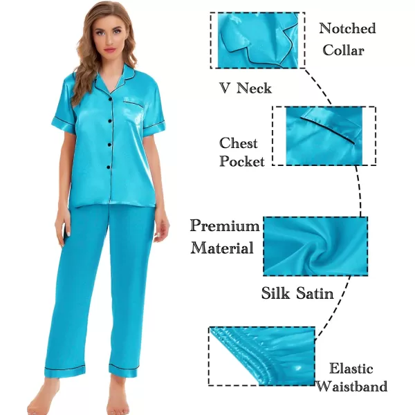 SWOMOG Womens 4pcs Pajamas Sets Silk Satin Sleepwear Sexy Cami with Button Down Short Sleeve Shirt Pjs LoungewearAlight Blue