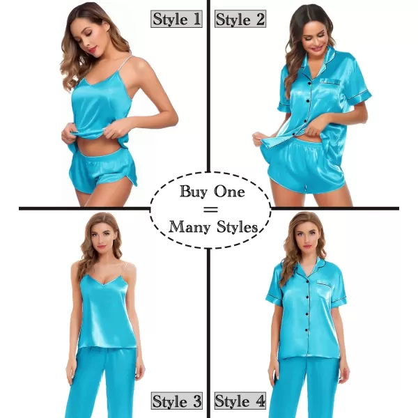 SWOMOG Womens 4pcs Pajamas Sets Silk Satin Sleepwear Sexy Cami with Button Down Short Sleeve Shirt Pjs LoungewearAlight Blue