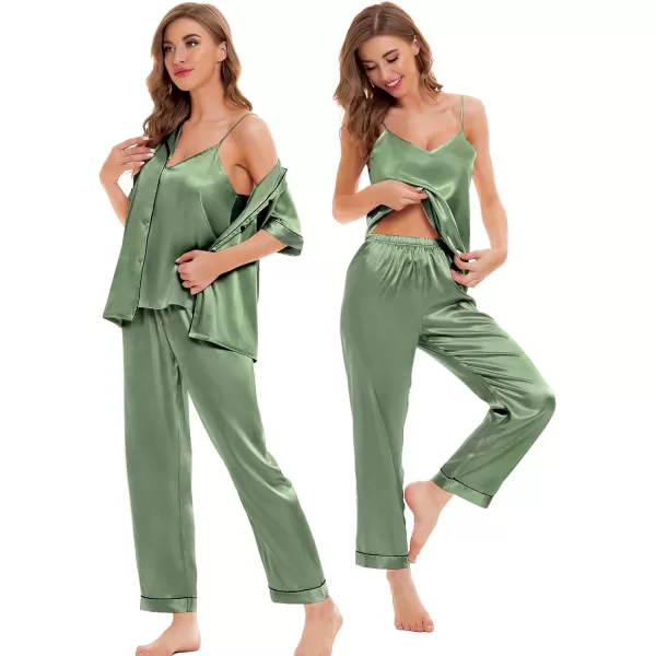 SWOMOG Womens 4pcs Pajamas Sets Silk Satin Sleepwear Sexy Cami with Button Down Short Sleeve Shirt Pjs LoungewearAmatcha