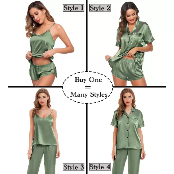 SWOMOG Womens 4pcs Pajamas Sets Silk Satin Sleepwear Sexy Cami with Button Down Short Sleeve Shirt Pjs LoungewearAmatcha