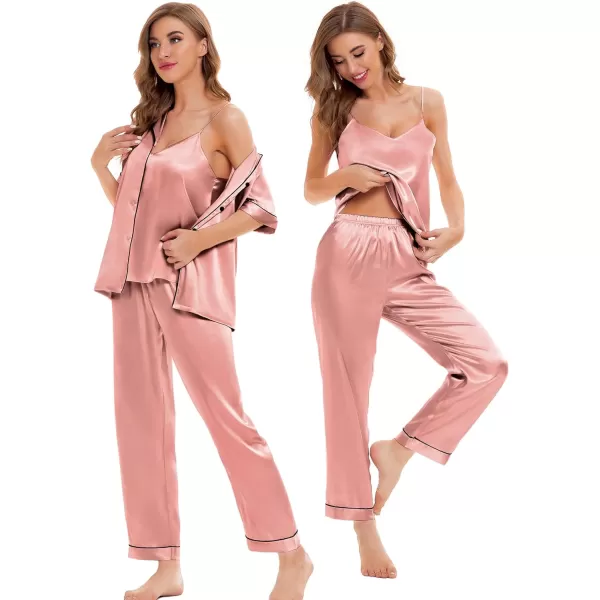 SWOMOG Womens 4pcs Pajamas Sets Silk Satin Sleepwear Sexy Cami with Button Down Short Sleeve Shirt Pjs LoungewearAmisty Rose