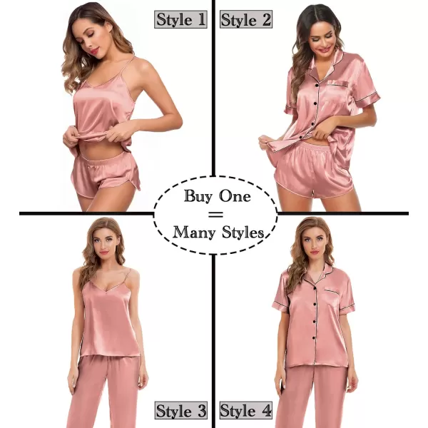 SWOMOG Womens 4pcs Pajamas Sets Silk Satin Sleepwear Sexy Cami with Button Down Short Sleeve Shirt Pjs LoungewearAmisty Rose