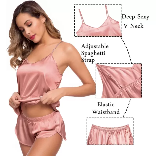 SWOMOG Womens 4pcs Pajamas Sets Silk Satin Sleepwear Sexy Cami with Button Down Short Sleeve Shirt Pjs LoungewearAmisty Rose