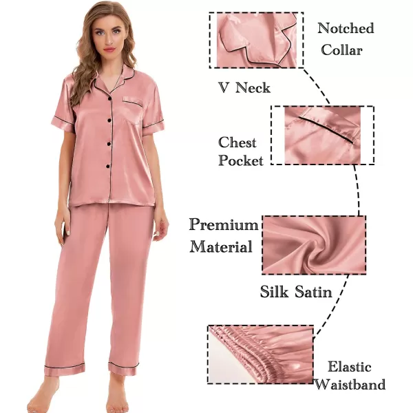 SWOMOG Womens 4pcs Pajamas Sets Silk Satin Sleepwear Sexy Cami with Button Down Short Sleeve Shirt Pjs LoungewearAmisty Rose