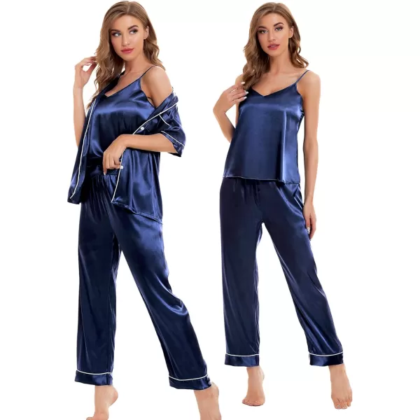 SWOMOG Womens 4pcs Pajamas Sets Silk Satin Sleepwear Sexy Cami with Button Down Short Sleeve Shirt Pjs LoungewearAnavy Blue