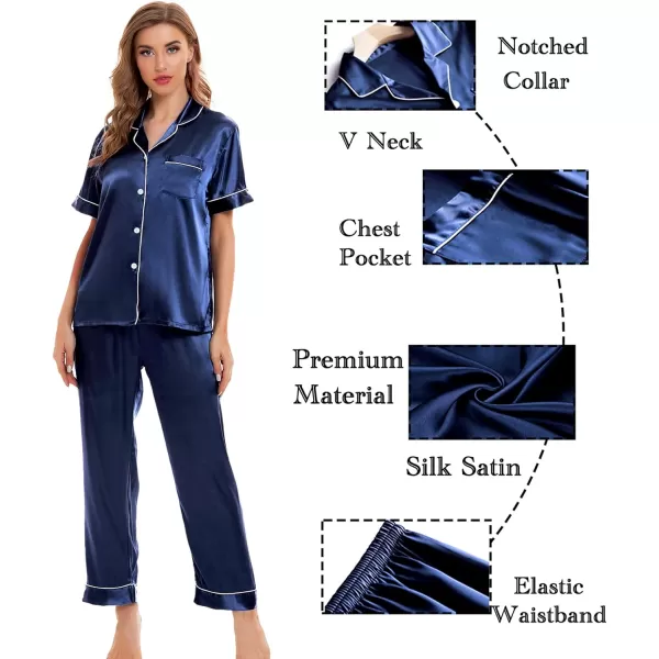 SWOMOG Womens 4pcs Pajamas Sets Silk Satin Sleepwear Sexy Cami with Button Down Short Sleeve Shirt Pjs LoungewearAnavy Blue