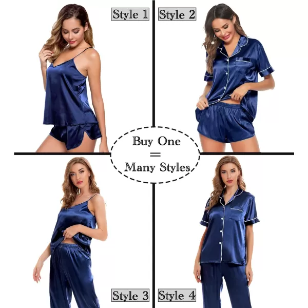 SWOMOG Womens 4pcs Pajamas Sets Silk Satin Sleepwear Sexy Cami with Button Down Short Sleeve Shirt Pjs LoungewearAnavy Blue