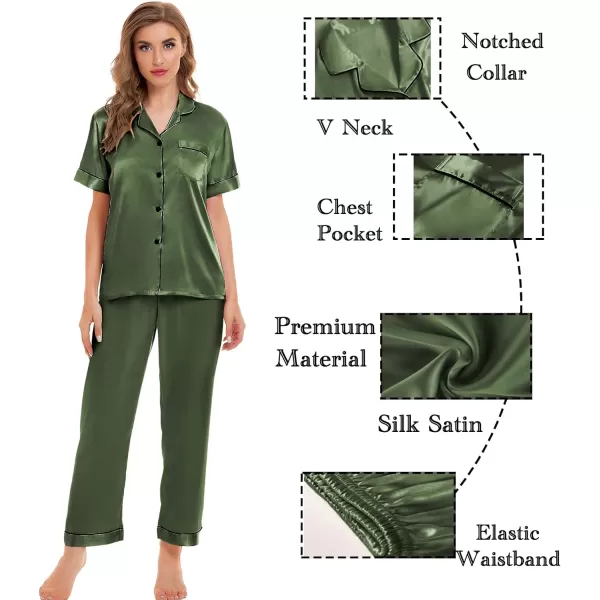 SWOMOG Womens 4pcs Pajamas Sets Silk Satin Sleepwear Sexy Cami with Button Down Short Sleeve Shirt Pjs LoungewearAolive Green