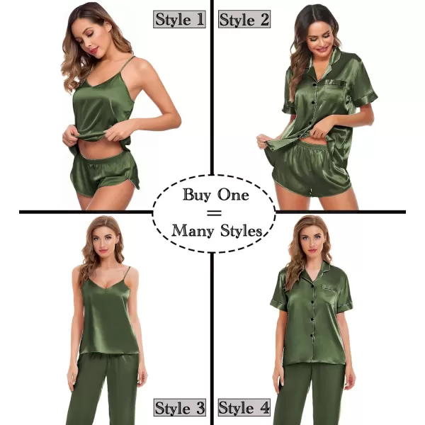 SWOMOG Womens 4pcs Pajamas Sets Silk Satin Sleepwear Sexy Cami with Button Down Short Sleeve Shirt Pjs LoungewearAolive Green