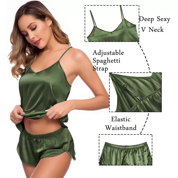 SWOMOG Womens 4pcs Pajamas Sets Silk Satin Sleepwear Sexy Cami with Button Down Short Sleeve Shirt Pjs LoungewearAolive Green