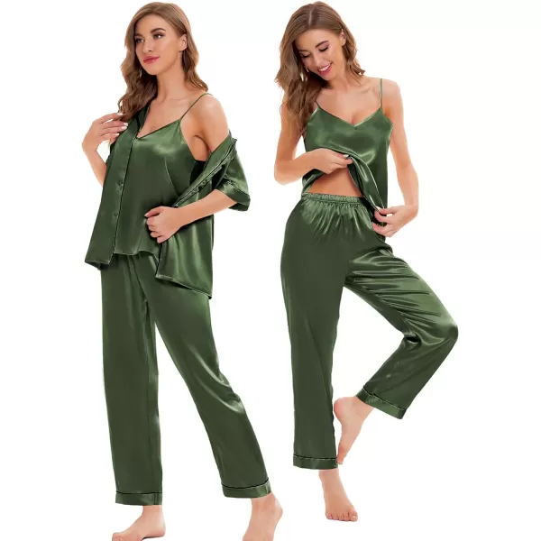 SWOMOG Womens 4pcs Pajamas Sets Silk Satin Sleepwear Sexy Cami with Button Down Short Sleeve Shirt Pjs LoungewearAolive Green