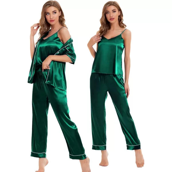 SWOMOG Womens 4pcs Pajamas Sets Silk Satin Sleepwear Sexy Cami with Button Down Short Sleeve Shirt Pjs LoungewearApersian Green