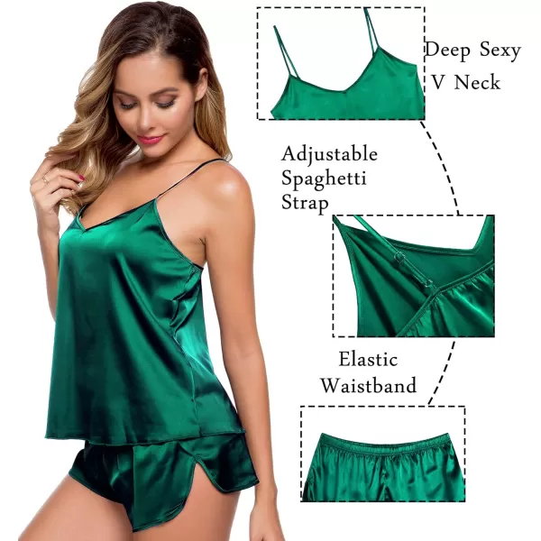 SWOMOG Womens 4pcs Pajamas Sets Silk Satin Sleepwear Sexy Cami with Button Down Short Sleeve Shirt Pjs LoungewearApersian Green