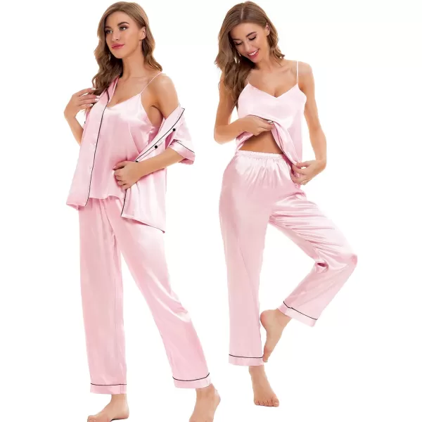 SWOMOG Womens 4pcs Pajamas Sets Silk Satin Sleepwear Sexy Cami with Button Down Short Sleeve Shirt Pjs LoungewearApink