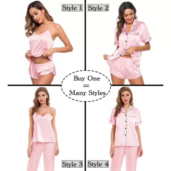 SWOMOG Womens 4pcs Pajamas Sets Silk Satin Sleepwear Sexy Cami with Button Down Short Sleeve Shirt Pjs LoungewearApink