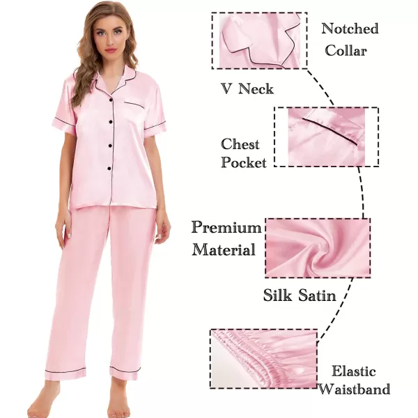 SWOMOG Womens 4pcs Pajamas Sets Silk Satin Sleepwear Sexy Cami with Button Down Short Sleeve Shirt Pjs LoungewearApink