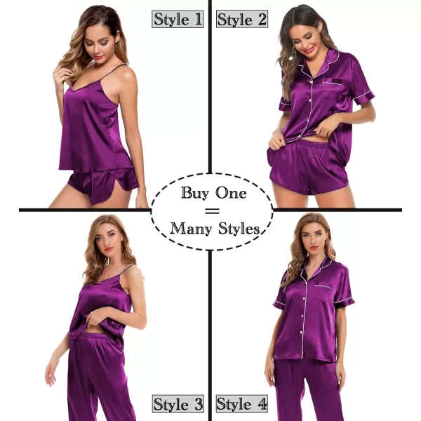 SWOMOG Womens 4pcs Pajamas Sets Silk Satin Sleepwear Sexy Cami with Button Down Short Sleeve Shirt Pjs LoungewearApurple