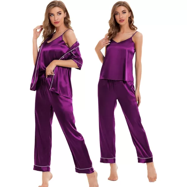 SWOMOG Womens 4pcs Pajamas Sets Silk Satin Sleepwear Sexy Cami with Button Down Short Sleeve Shirt Pjs LoungewearApurple