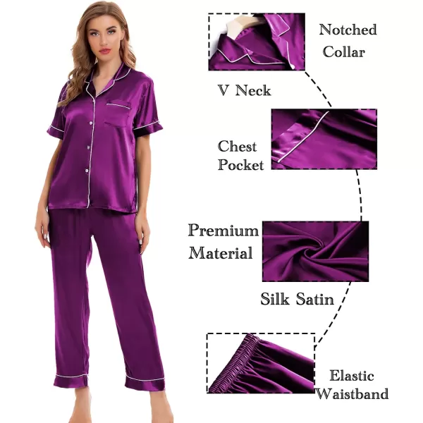 SWOMOG Womens 4pcs Pajamas Sets Silk Satin Sleepwear Sexy Cami with Button Down Short Sleeve Shirt Pjs LoungewearApurple