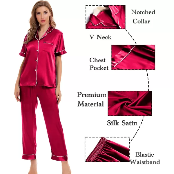 SWOMOG Womens 4pcs Pajamas Sets Silk Satin Sleepwear Sexy Cami with Button Down Short Sleeve Shirt Pjs LoungewearAred