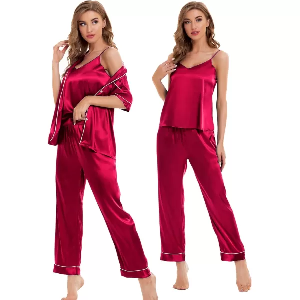 SWOMOG Womens 4pcs Pajamas Sets Silk Satin Sleepwear Sexy Cami with Button Down Short Sleeve Shirt Pjs LoungewearAred