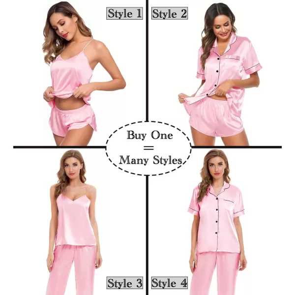 SWOMOG Womens 4pcs Pajamas Sets Silk Satin Sleepwear Sexy Cami with Button Down Short Sleeve Shirt Pjs LoungewearArose Pink