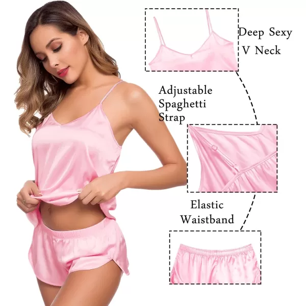 SWOMOG Womens 4pcs Pajamas Sets Silk Satin Sleepwear Sexy Cami with Button Down Short Sleeve Shirt Pjs LoungewearArose Pink