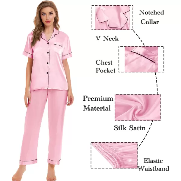 SWOMOG Womens 4pcs Pajamas Sets Silk Satin Sleepwear Sexy Cami with Button Down Short Sleeve Shirt Pjs LoungewearArose Pink