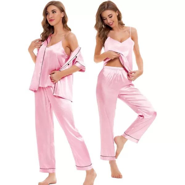 SWOMOG Womens 4pcs Pajamas Sets Silk Satin Sleepwear Sexy Cami with Button Down Short Sleeve Shirt Pjs LoungewearArose Pink