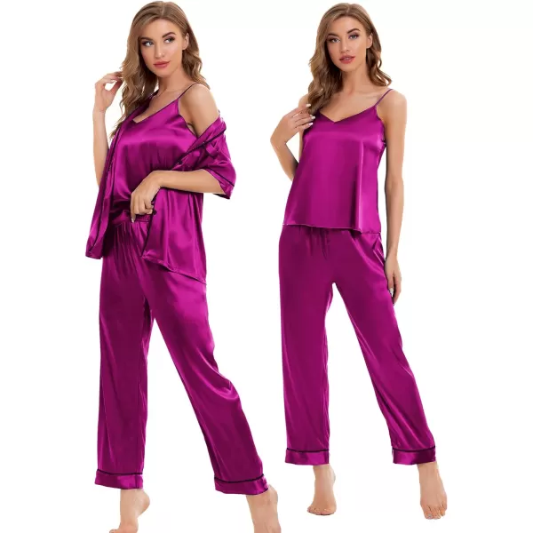 SWOMOG Womens 4pcs Pajamas Sets Silk Satin Sleepwear Sexy Cami with Button Down Short Sleeve Shirt Pjs LoungewearArose Red