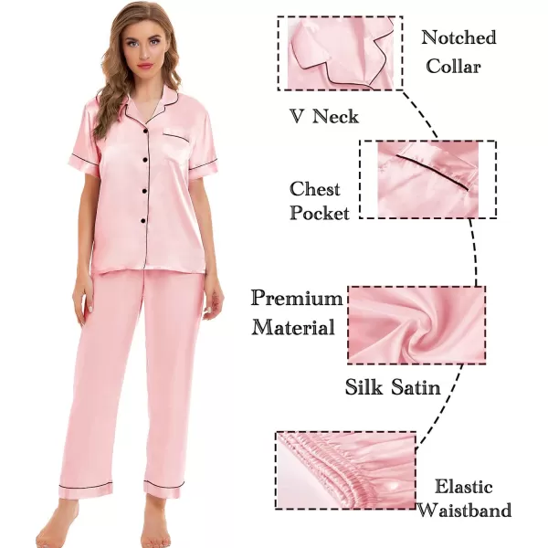 SWOMOG Womens 4pcs Pajamas Sets Silk Satin Sleepwear Sexy Cami with Button Down Short Sleeve Shirt Pjs LoungewearAsakura Pink