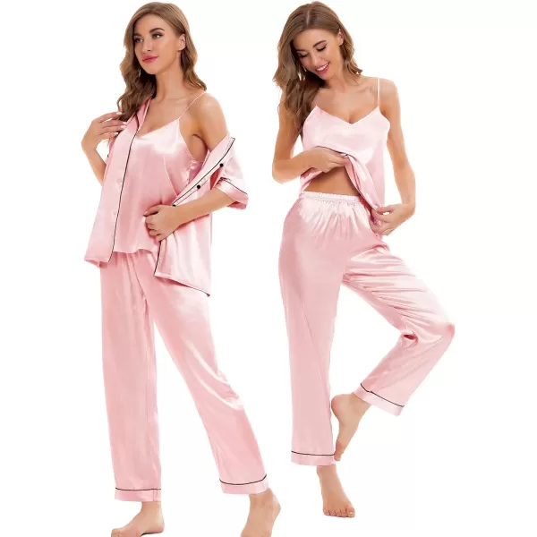 SWOMOG Womens 4pcs Pajamas Sets Silk Satin Sleepwear Sexy Cami with Button Down Short Sleeve Shirt Pjs LoungewearAsakura Pink