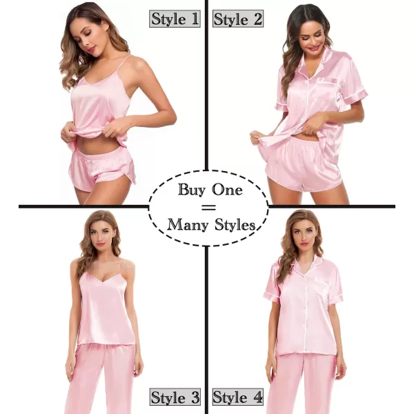 SWOMOG Womens 4pcs Pajamas Sets Silk Satin Sleepwear Sexy Cami with Button Down Short Sleeve Shirt Pjs LoungewearAstyle1 Pink