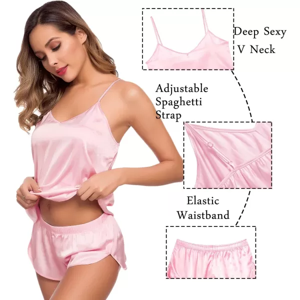 SWOMOG Womens 4pcs Pajamas Sets Silk Satin Sleepwear Sexy Cami with Button Down Short Sleeve Shirt Pjs LoungewearAstyle1 Pink