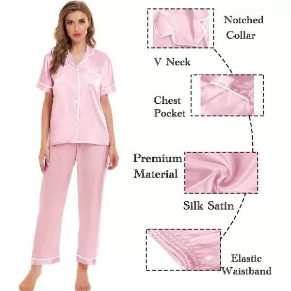 SWOMOG Womens 4pcs Pajamas Sets Silk Satin Sleepwear Sexy Cami with Button Down Short Sleeve Shirt Pjs LoungewearAstyle1 Pink